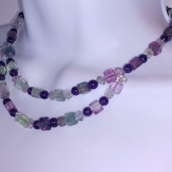 Handmade Beaded Statement Necklace with Fluorite and Amethyst Beads Purple Green - Picture 8 of 12